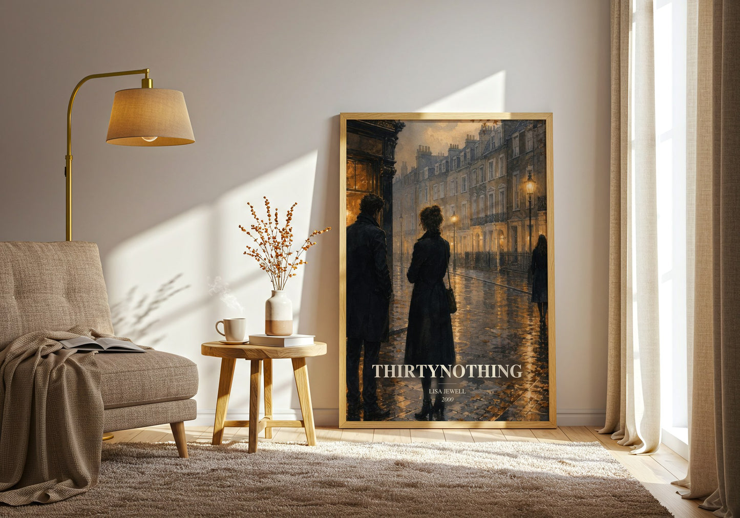 Thirtynothing watercolour print in frame leaning in hallway – contemporary fiction wall art