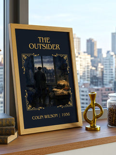 The Outsider Classic Book Art Print by Colin Wilson – framed print on a city-view windowsill