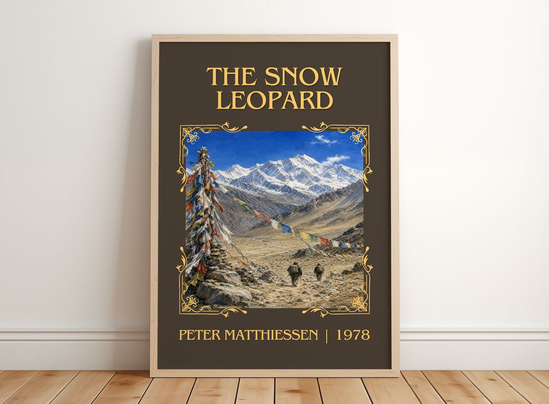 The Snow Leopard Classic Book Art Print by Peter Matthiessen – framed print leaning on a wooden floor