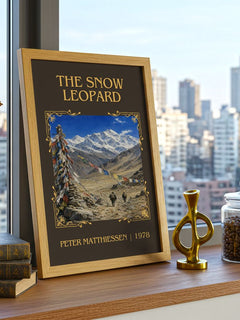 The Snow Leopard Classic Book Art Print by Peter Matthiessen – framed print on a city-view windowsill