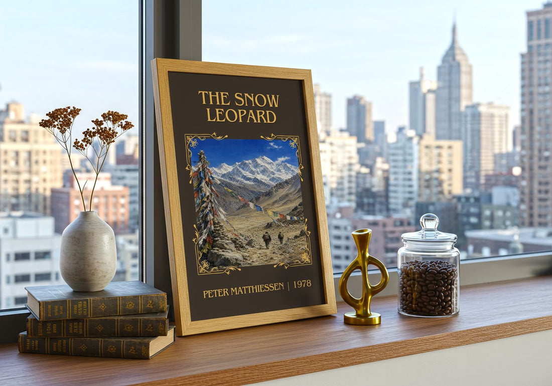 The Snow Leopard Classic Book Art Print by Peter Matthiessen – framed print on a city-view windowsill