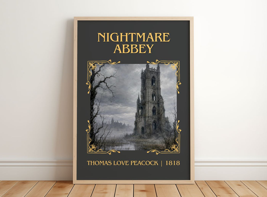 Nightmare Abbey Classic Book Art Print by Thomas Love Peacock – framed print leaning on a wooden floor