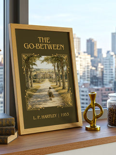 The Go-Between Classic Book Art Print by L. P. Hartley – framed print on a city-view windowsill