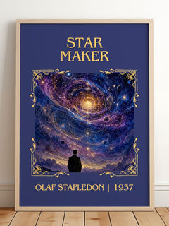 Star Maker Classic Book Art Print by Olaf Stapledon – framed print leaning on a wooden floor