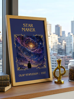 Star Maker Classic Book Art Print by Olaf Stapledon – framed print on a city-view windowsill
