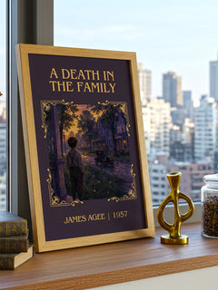 A Death in the Family Classic Book Art Print by James Agee – framed print on a city-view windowsill