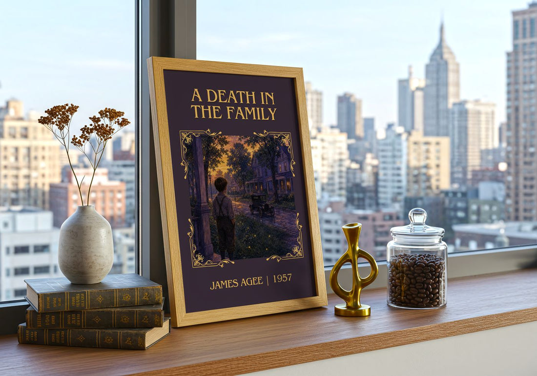 A Death in the Family Classic Book Art Print by James Agee – framed print on a city-view windowsill