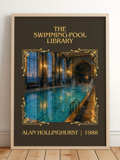 The Swimming-Pool Library Classic Book Art Print by Alan Hollinghurst – framed print leaning on a wooden floor