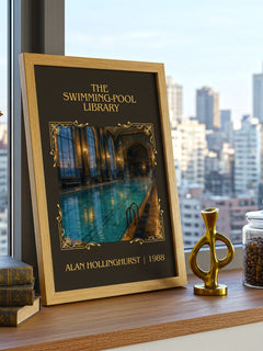 The Swimming-Pool Library Classic Book Art Print by Alan Hollinghurst – framed print on a city-view windowsill