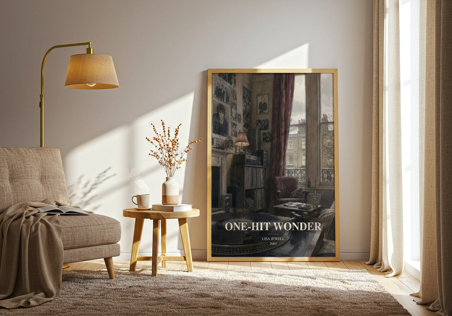 One-Hit Wonder watercolour print in frame leaning in hallway – contemporary fiction wall art