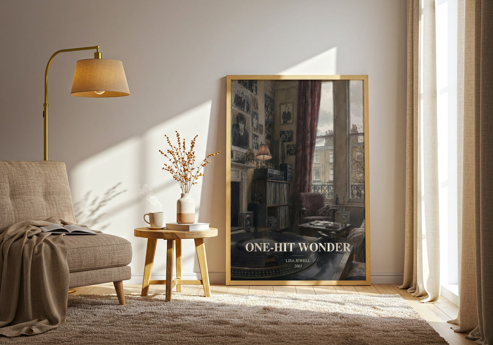 One-Hit Wonder watercolour print in frame leaning in hallway – contemporary fiction wall art