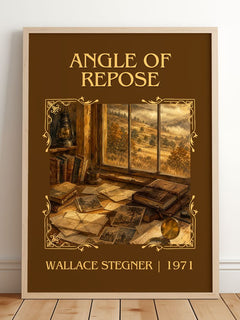 Angle of Repose Classic Book Art Print by Wallace Stegner – framed print leaning on a wooden floor