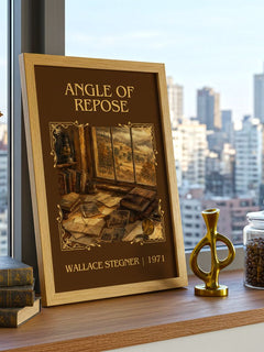 Angle of Repose Classic Book Art Print by Wallace Stegner – framed print on a city-view windowsill