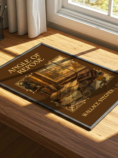 Angle of Repose Classic Book Art Print by Wallace Stegner – print on a sunlit desk