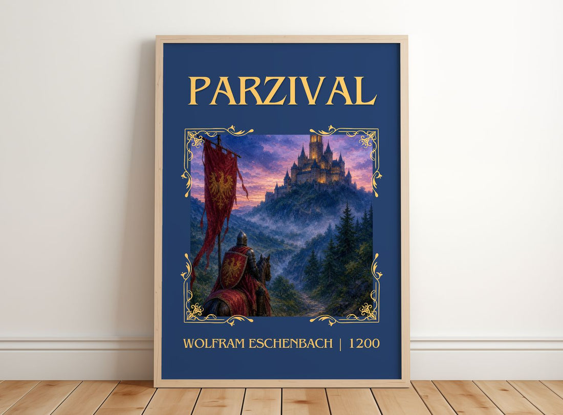 Parzival Classic Book Art Print by Wolfram Eschenbach – framed print leaning on a wooden floor