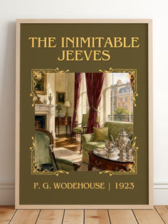 The Inimitable Jeeves Classic Book Art Print by P. G. Wodehouse – framed print leaning on a wooden floor