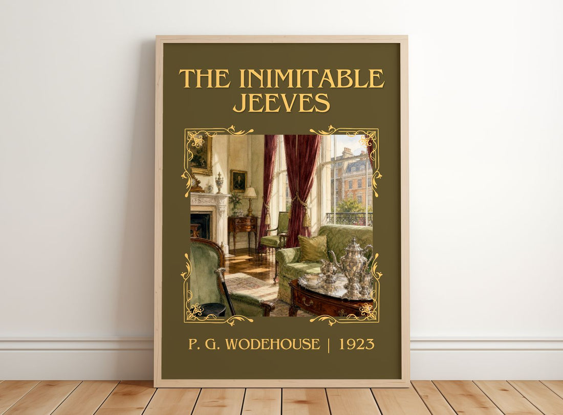 The Inimitable Jeeves Classic Book Art Print by P. G. Wodehouse – framed print leaning on a wooden floor