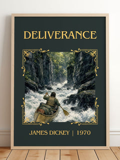 Deliverance Classic Book Art Print by James Dickey – framed print leaning on a wooden floor