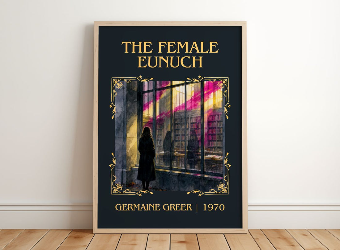The Female Eunuch Classic Book Art Print by Germaine Greer – framed print leaning on a wooden floor