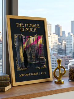 The Female Eunuch Classic Book Art Print by Germaine Greer – framed print on a city-view windowsill