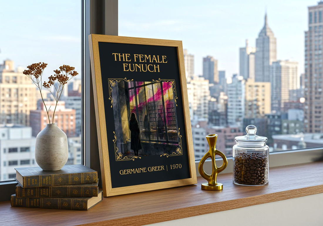The Female Eunuch Classic Book Art Print by Germaine Greer – framed print on a city-view windowsill