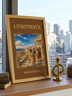 Lysistrata Classic Book Art Print by Aristophanes – framed print on a city-view windowsill