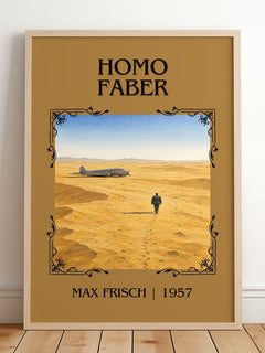 Homo Faber Classic Book Art Print by Max Frisch – framed print leaning on a wooden floor