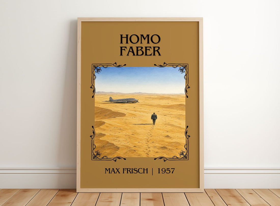 Homo Faber Classic Book Art Print by Max Frisch – framed print leaning on a wooden floor