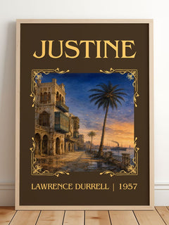 Justine Classic Book Art Print by Lawrence Durrell – framed print leaning on a wooden floor