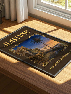 Justine Classic Book Art Print by Lawrence Durrell – print on a sunlit desk