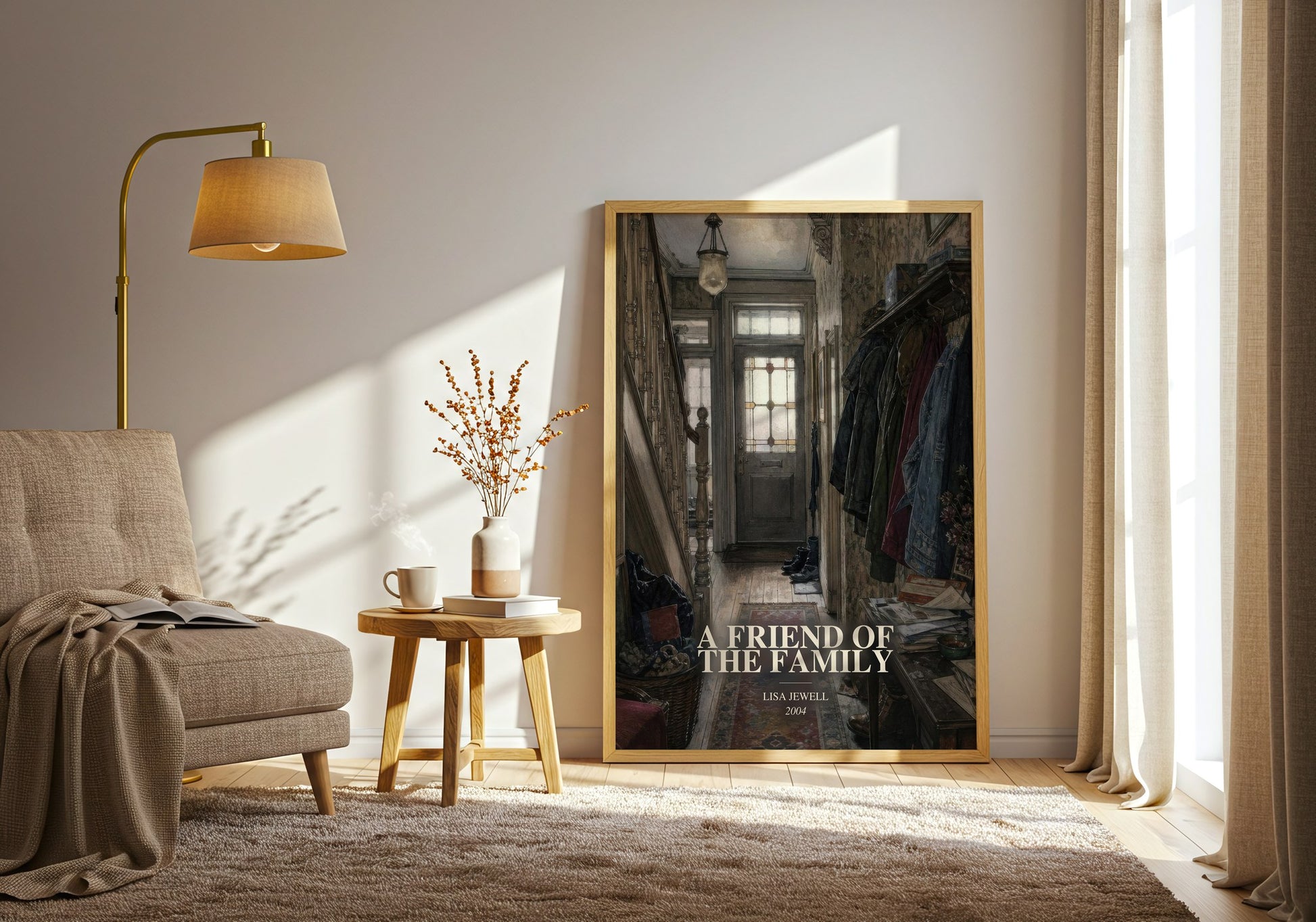 A Friend Of The Family watercolour print in frame leaning in hallway – contemporary fiction wall art