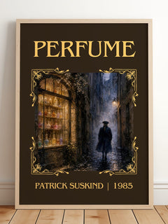 Perfume Classic Book Art Print by Patrick Suskind – framed print leaning on a wooden floor
