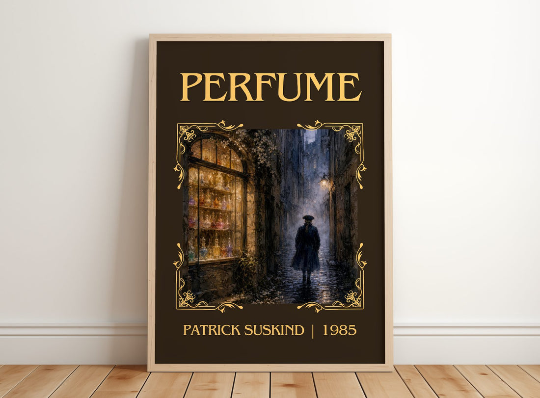 Perfume Classic Book Art Print by Patrick Suskind – framed print leaning on a wooden floor