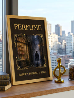 Perfume Classic Book Art Print by Patrick Suskind – framed print on a city-view windowsill