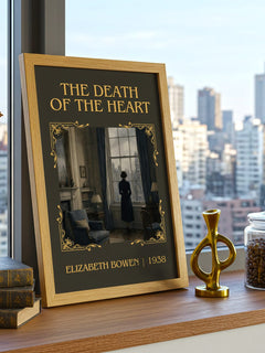The Death of the Heart Classic Book Art Print by Elizabeth Bowen – framed print on a city-view windowsill