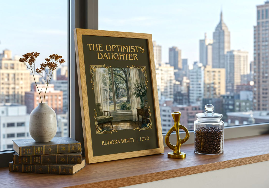 The Optimist's Daughter Classic Book Art Print by Eudora Welty – framed print on a city-view windowsill