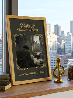 Collected Essays of George Orwell Classic Book Art Print by G. Orwell – framed print on a city-view windowsill