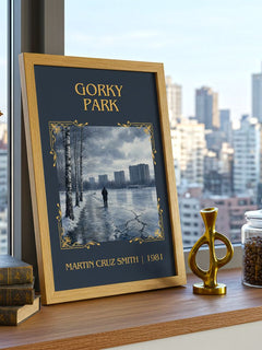 Gorky Park Classic Book Art Print by Martin Cruz Smith – framed print on a city-view windowsill