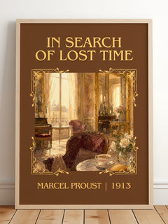 In Search of Lost Time Classic Book Art Print by Marcel Proust – framed print leaning on a wooden floor