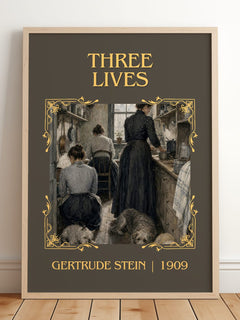 Three Lives Classic Book Art Print by Gertrude Stein – framed print leaning on a wooden floor