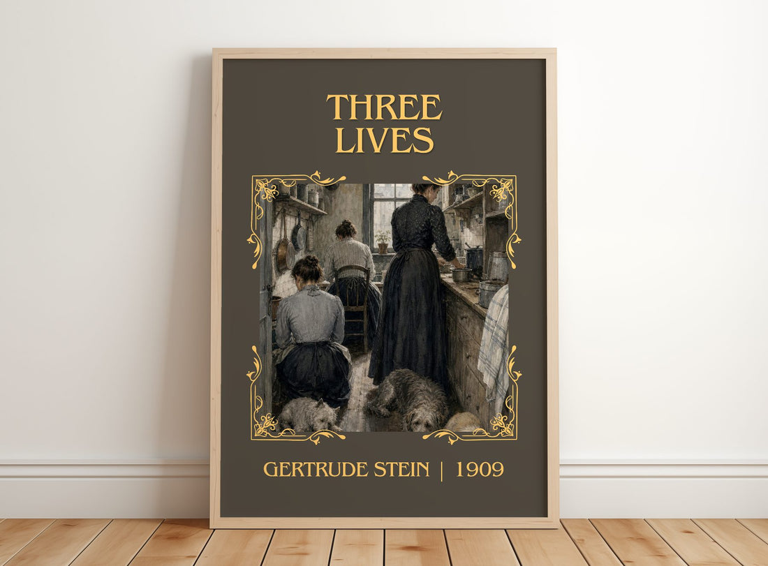 Three Lives Classic Book Art Print by Gertrude Stein – framed print leaning on a wooden floor