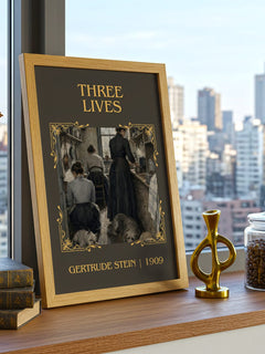Three Lives Classic Book Art Print by Gertrude Stein – framed print on a city-view windowsill