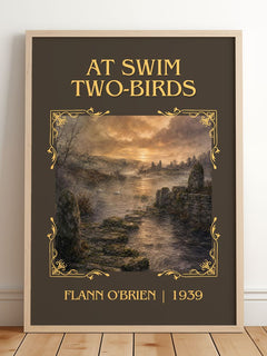 At Swim Two-Birds Classic Book Art Print by Flann O'Brien – framed print leaning on a wooden floor