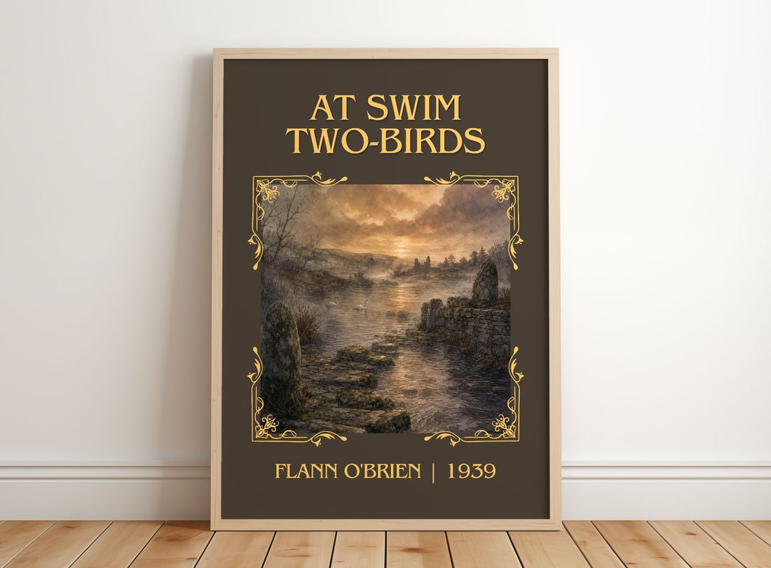 At Swim Two-Birds Classic Book Art Print by Flann O'Brien – framed print leaning on a wooden floor