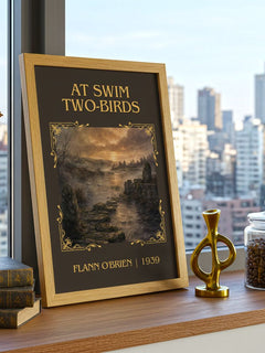 At Swim Two-Birds Classic Book Art Print by Flann O'Brien – framed print on a city-view windowsill