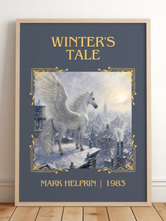 Winter's Tale Classic Book Art Print by Mark Helprin – framed print leaning on a wooden floor