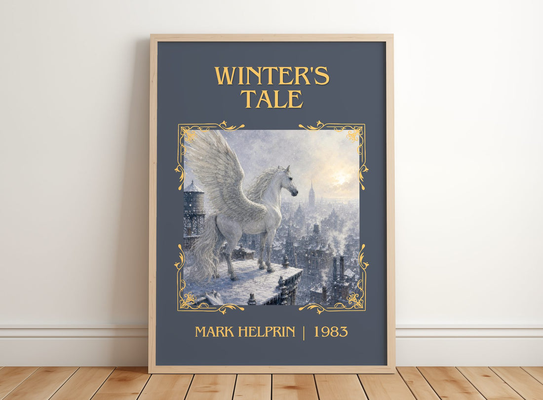 Winter's Tale Classic Book Art Print by Mark Helprin – framed print leaning on a wooden floor