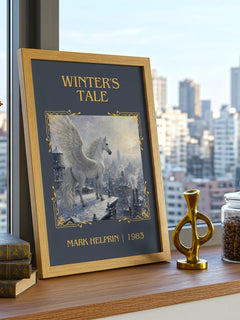 Winter's Tale Classic Book Art Print by Mark Helprin – framed print on a city-view windowsill