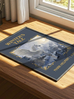 Winter's Tale Classic Book Art Print by Mark Helprin – print on a sunlit desk
