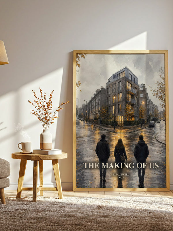 The Making Of Us watercolour print in frame leaning in hallway – contemporary fiction wall art